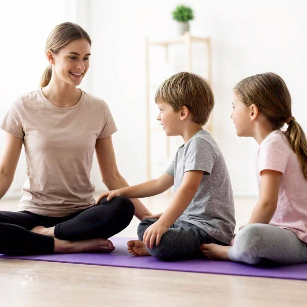 A female yoga trainer train the kids