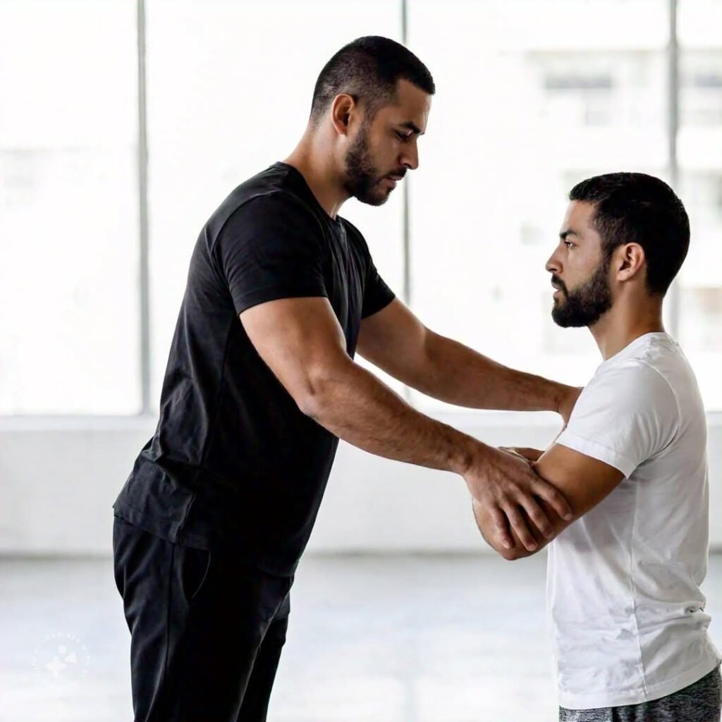 A male yoga trainer train a male client