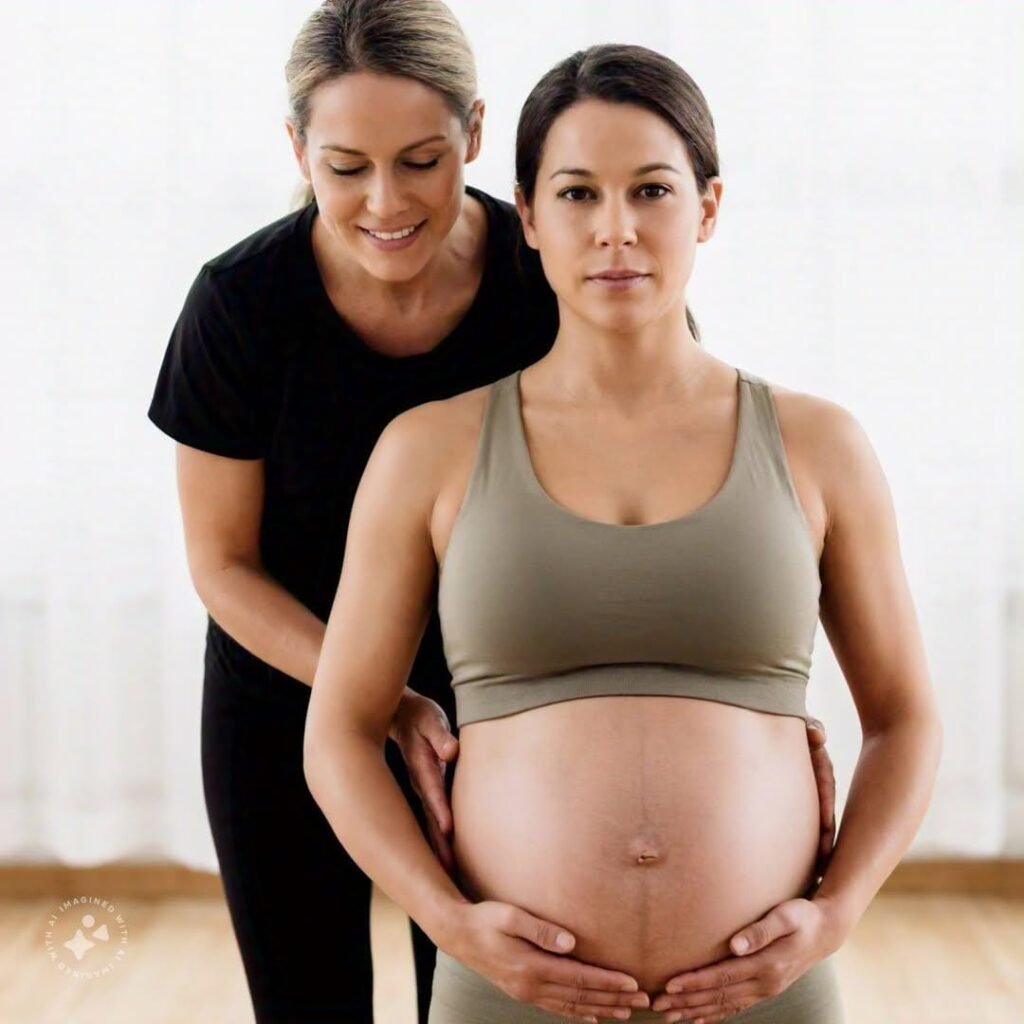 A female yoga trainer train a pregnant lady